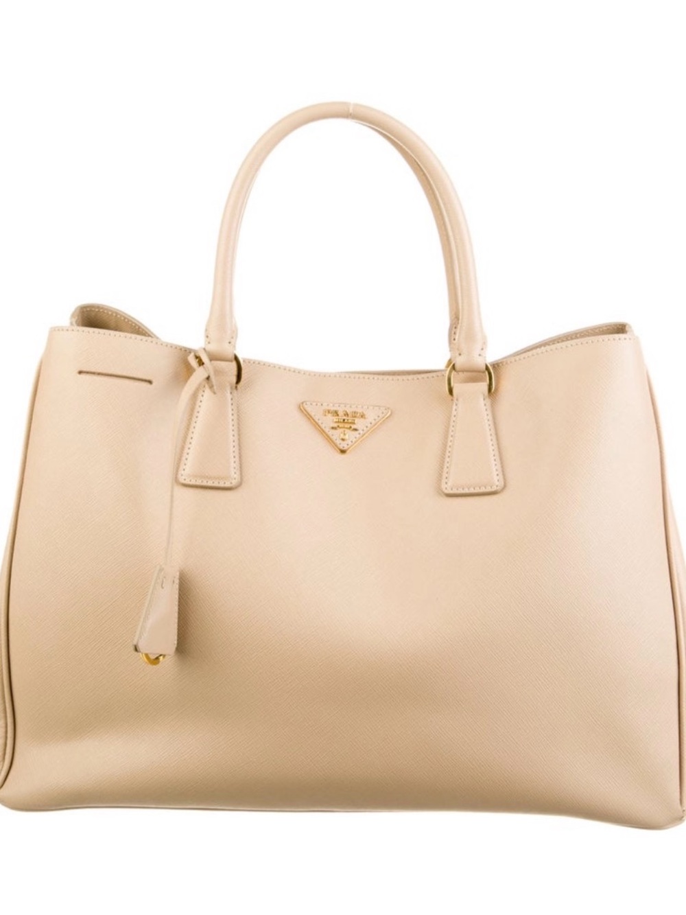 Prada Beige Saffiano Leather Tote with Gold-Tone Logo